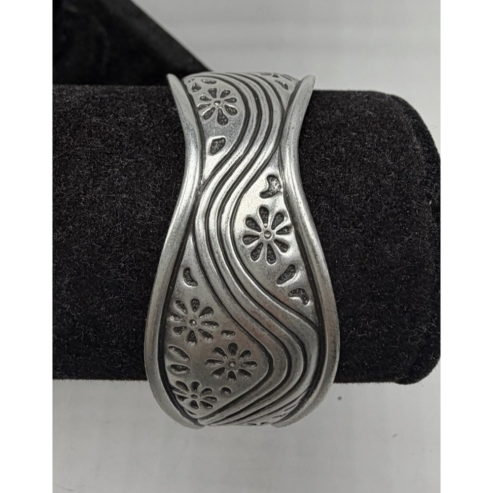 Silver Tone Floral Embossed Cuff Bracelet Boho Wave Unique Slip On
